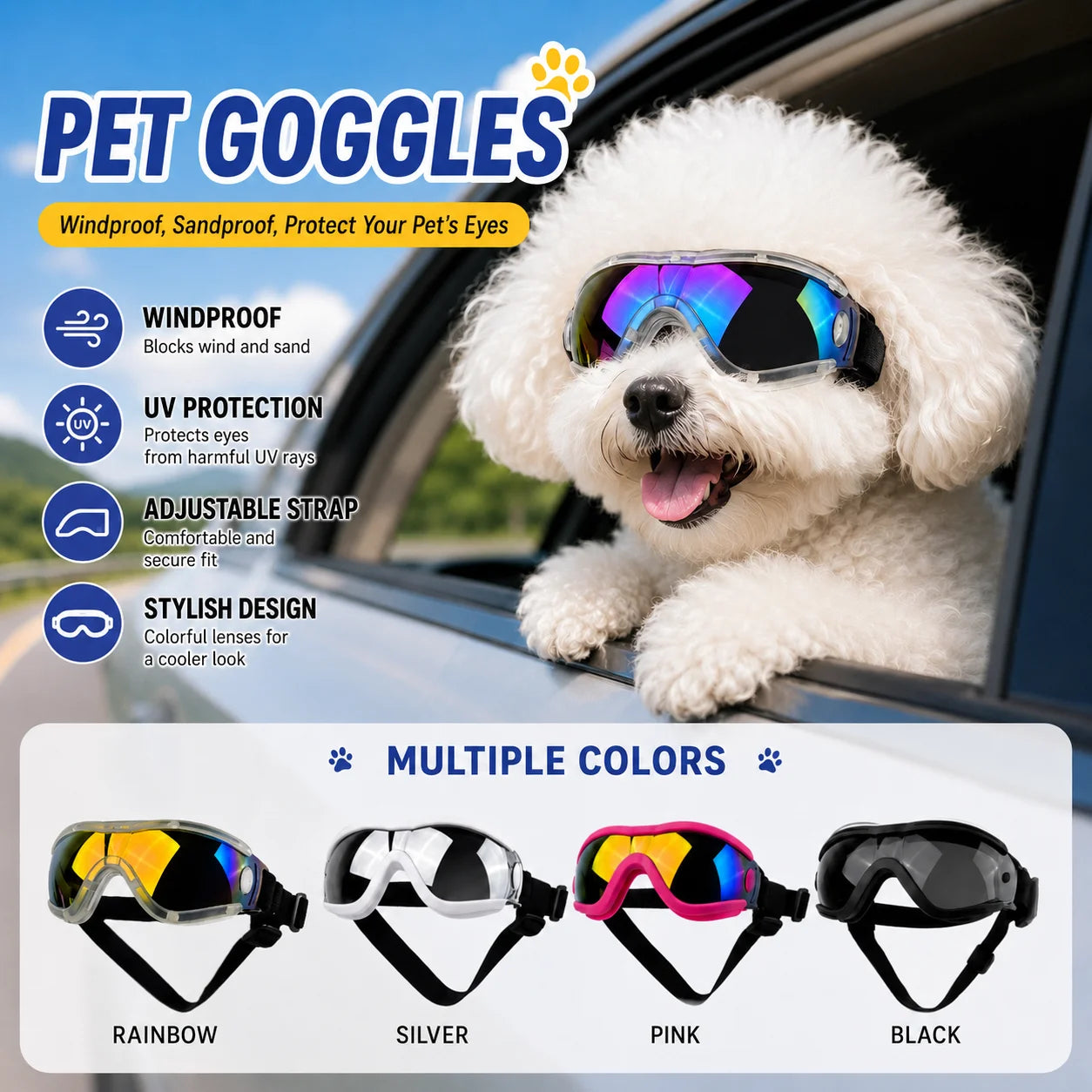 Dog wearing pet goggles with product features and color options displayed.